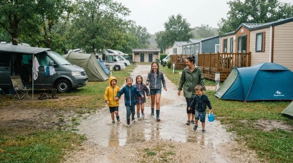 Se baigner en camping sous la pluie pour s'amuser